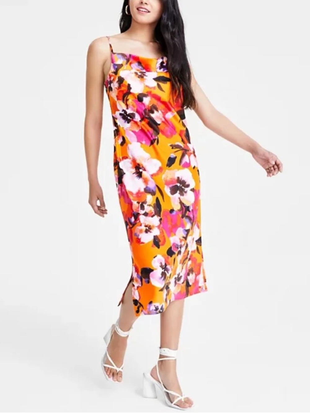 Bar III Orange Floral Slip Midi Dress - Women
